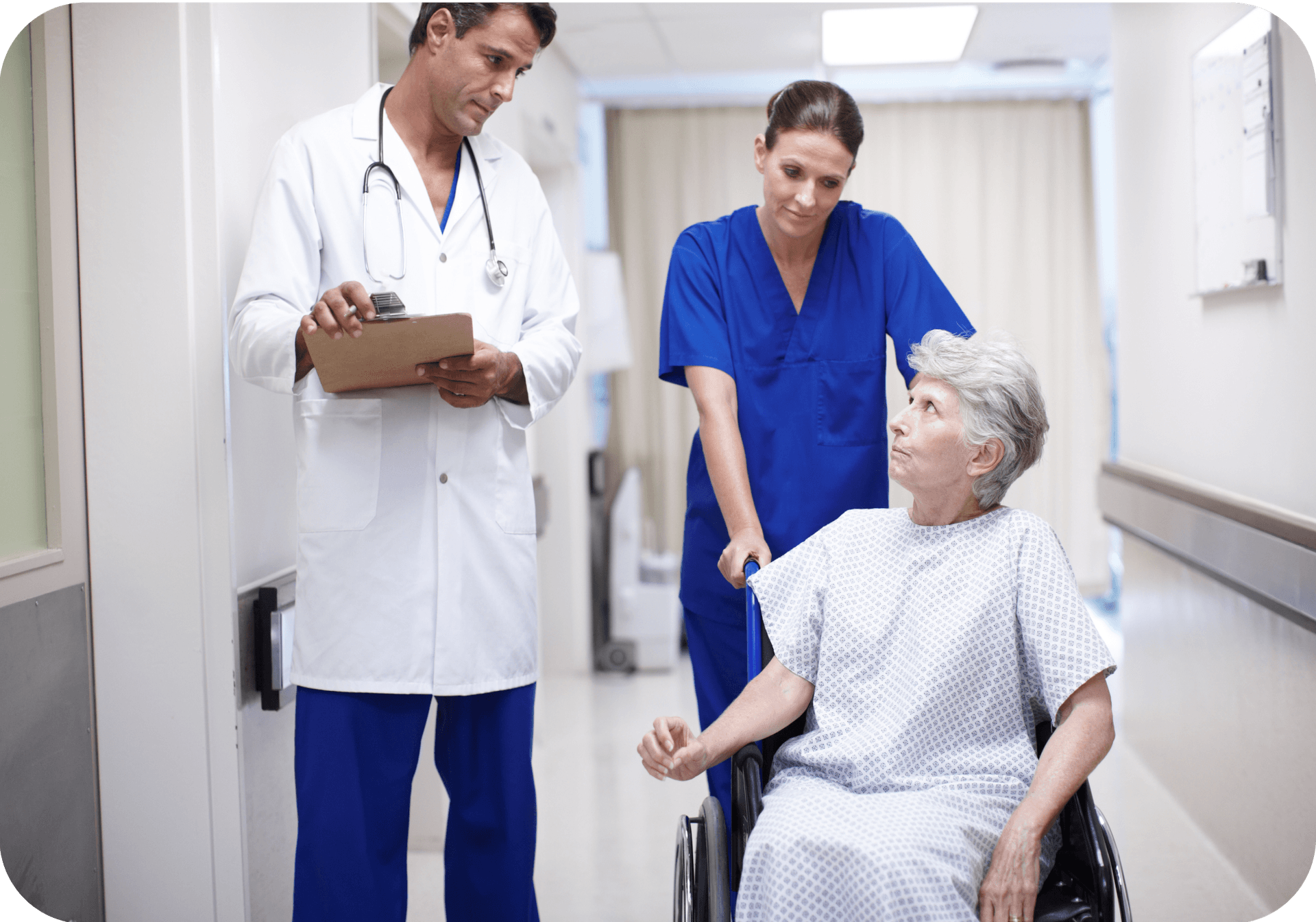 old woman in a wheelchair with doctor