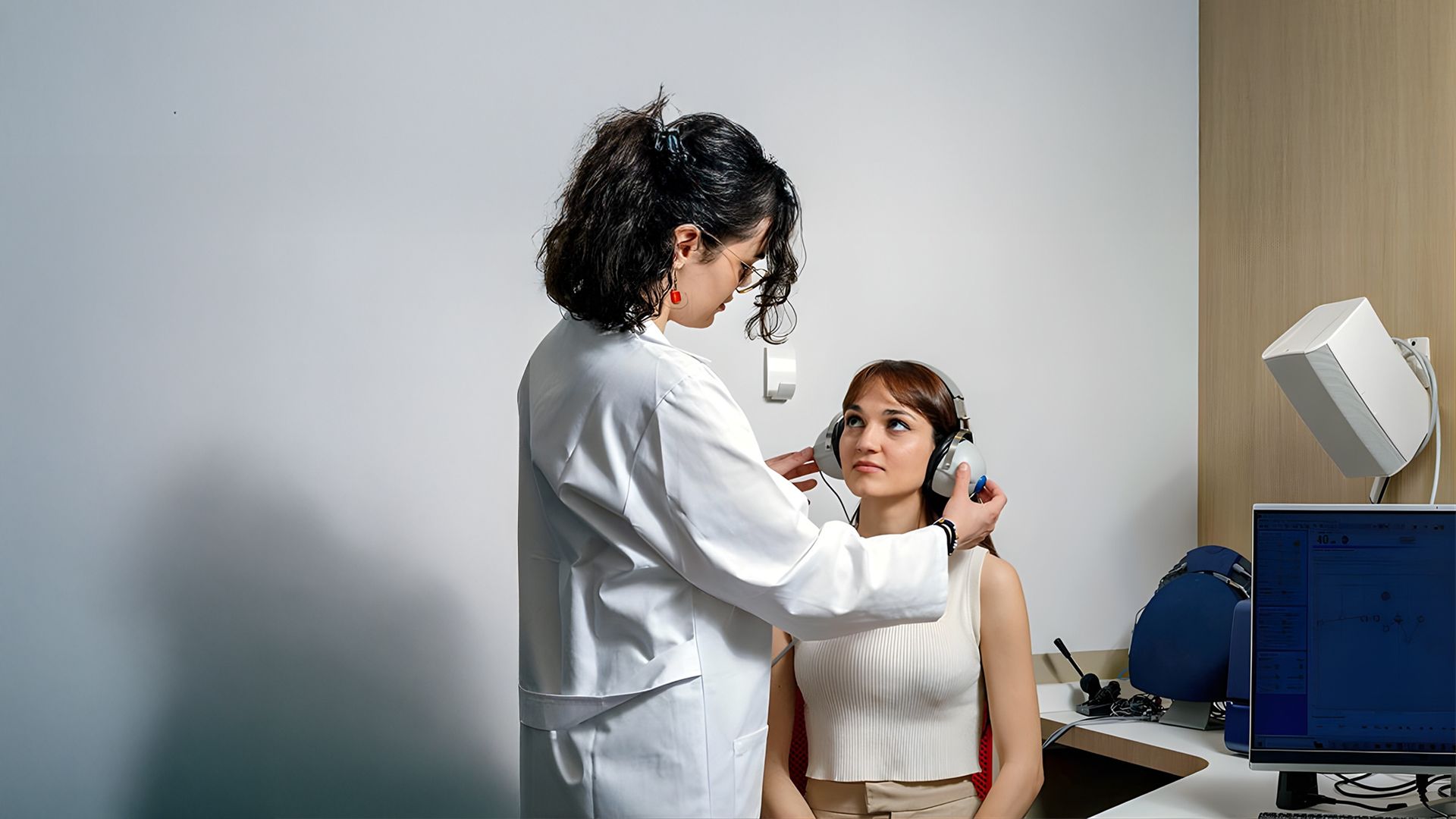 Hearing test in Battersea, London: audiologist assessing an adult patient for hearing loss, tinnitus or blocked ears.